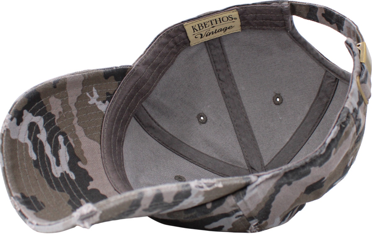 Black Camouflage Distressed Vintage Baseball Cap Inside Turned Over View